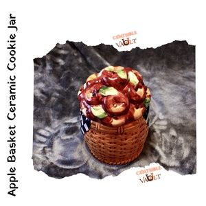 Ceramic Cookie Jar w/Apples on lid of basket base.